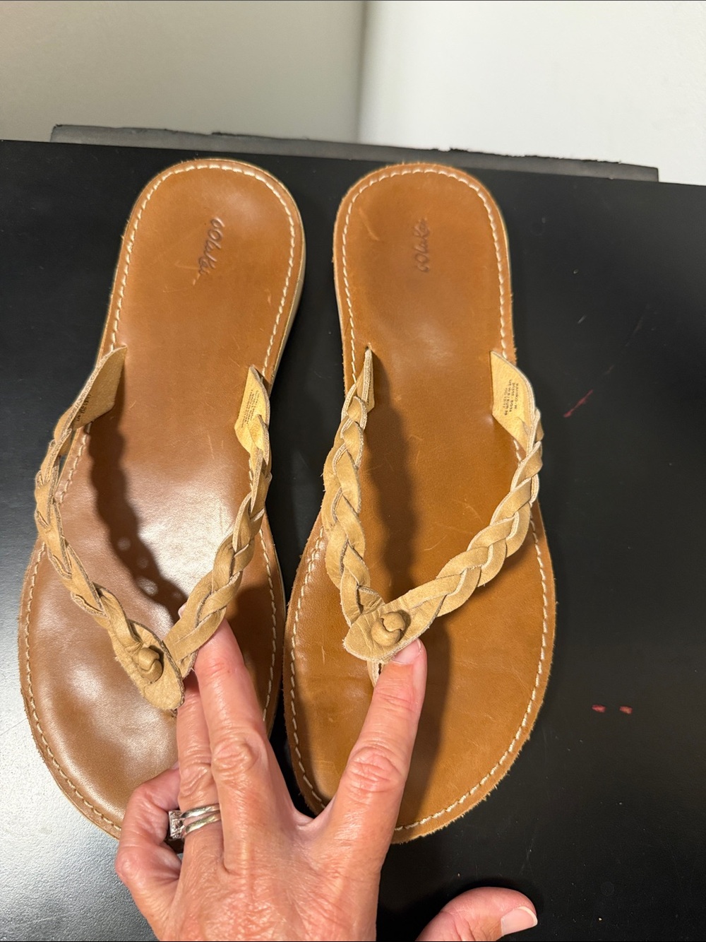 OluKai Braided Tan Leather Thong Sandals